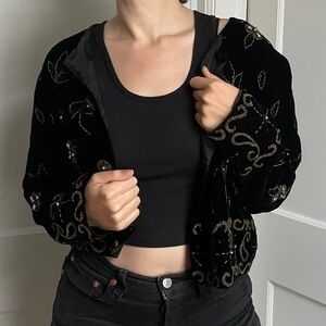 Vintage black velvet floral blazer with gold beading